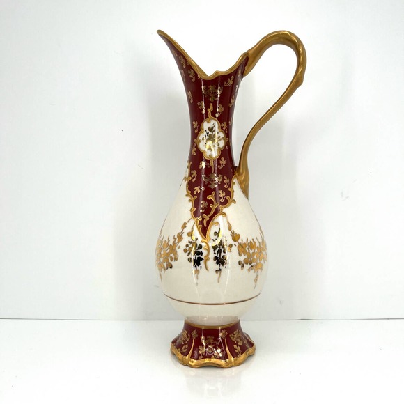 Antique Eton Pitcher Hand Painted Red White Heavy Gold